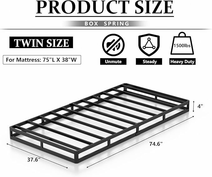 NHODIR 4 Inch Twin Box Spring Bed Base,Heavy Duty Metal Box Spring for Twin Bed Mattress Foundation with Fabric Cover, Noise-Free, Easy Assembly