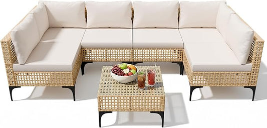 Devoko Patio Furniture Set,7 Pieces Outdoor Wicker Sectional Couch with Thick Cushions &Glass Tabletop, PE Rattan Backyard Conversation Sofa with Coffee Table for Deck, Porch（7pc）