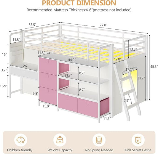 DICTAC Low Loft Bed with Desk and 6 Storage Drawers Twin Loft Bed with Bookshelf,LED Lights & Under-Bed Play Space,Kids Twin Beds with 13.8''H Safety Guardrail,Inclined Ladder&Play Curtain,Pink+White