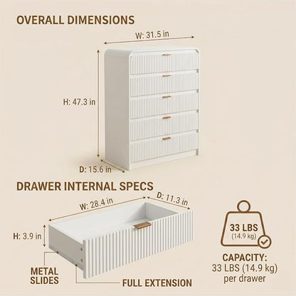 FURSUN Fluted 5 Drawers Dresser for Bedroom, 48" Tall Wooden Modern Dresser with Metal Handle, Curved Profile Design, Storage Organizer for Bedroom, Living Room, Hallway, White
