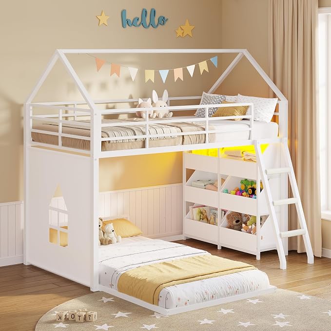 Hasuit Low Bunk Bed Twin Over Twin with Toy Storage Organizer-6 Removable Bins, Floor Bunk Beds with LED Lights, House Bunk Bed with Ladder & Guardrail, Metal L Shaped Twin Bunk Beds for Kids, White