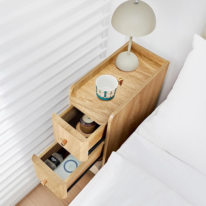 Narrow Nightstand Set of 2, Wooden Small 2 Drawer Nightstand, Slim Side End Table, Skinny Bedside Table, Mid Century Modern Night Stand with Drawers, for Living Room (Natural 2-2 pcs)