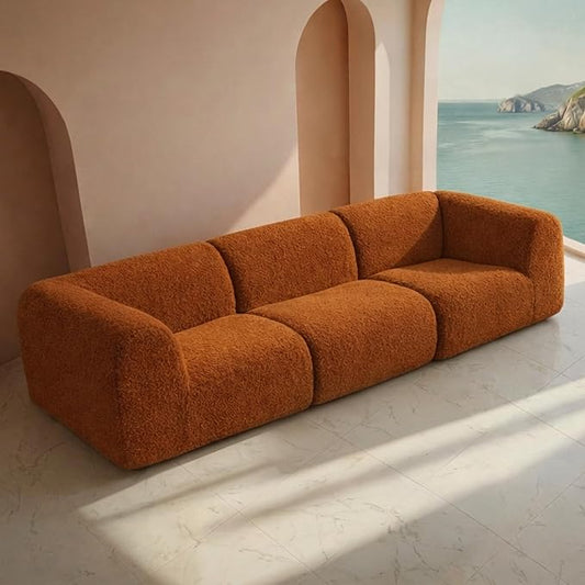 Vothio Curved Sectional Modular Couch with Chaise, Modern 110.24'' Boneless Sofa with Deep Seat, Sherpa Boucle Cloud Couch for Living Room, Cozy Teddy 3 Seater Couches，No Assembly, Brown
