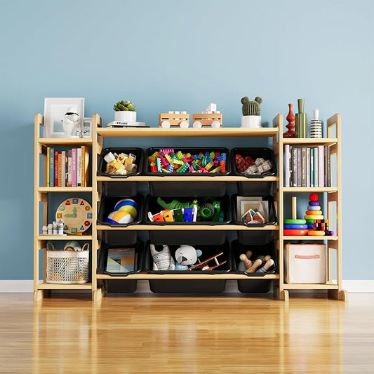 SpaceAid Large Toy Storage Organizer 9 Shelves 9 Bins, Toy Organizers Storage Bookshelf, Kids Bin Shelf Toys Box Bookcase for Bedroom Playroom Organization Room Decor, Neutral Gray