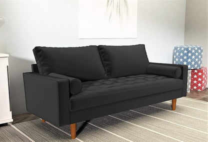 Container Furniture Direct Womble Mid Century Modern Velvet Upholstered Tufted Seat with Bolster Pillows, Sofa, Midnight