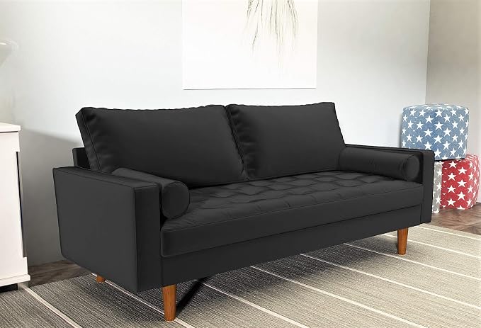 Container Furniture Direct Womble Mid Century Modern Velvet Upholstered Tufted Seat with Bolster Pillows, Sofa, Black