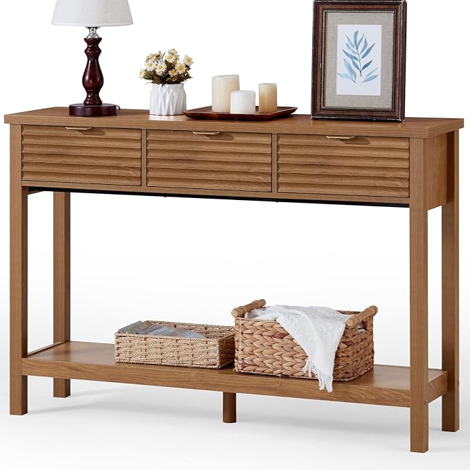 LEYAOYAO Fluted 47.2" Console Table with 3 Drawers, Modern Wood 2 Tier Entryway Table with Open Storage Shelf, Boho Sofa Entry Tables Behind Couch for Living Room, Hallway, Entrance Foyer, Tea Brown
