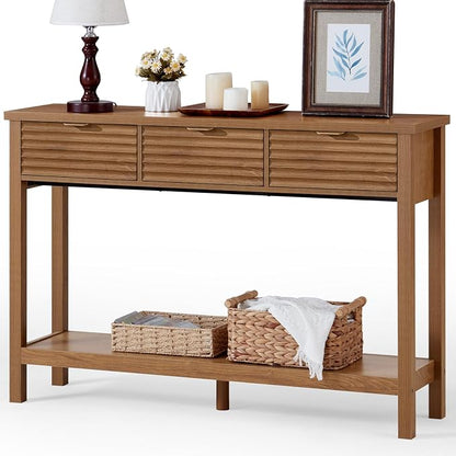 LEYAOYAO Fluted 47.2" Console Table with 3 Drawers, Modern Wood 2 Tier Entryway Table with Open Storage Shelf, Boho Sofa Entry Tables Behind Couch for Living Room, Hallway, Entrance Foyer, Tea Brown