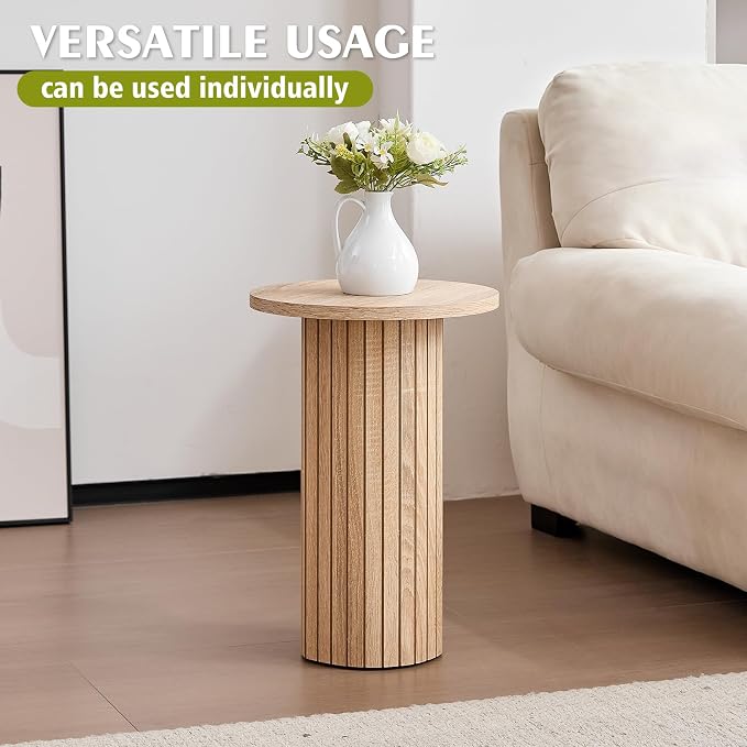 Round Side Tables Set of 3, Circle Modern Fluted Nesting Coffee Table, Accent End Table Set for Living Room and Bedroom, Natural