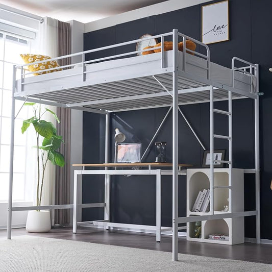 VINGLI Loft Bed Full Size with Flat Rungs for Adults, Kids and Young Teens, No Box Spring Required,Heavy Duty Metal Slat Support,White
