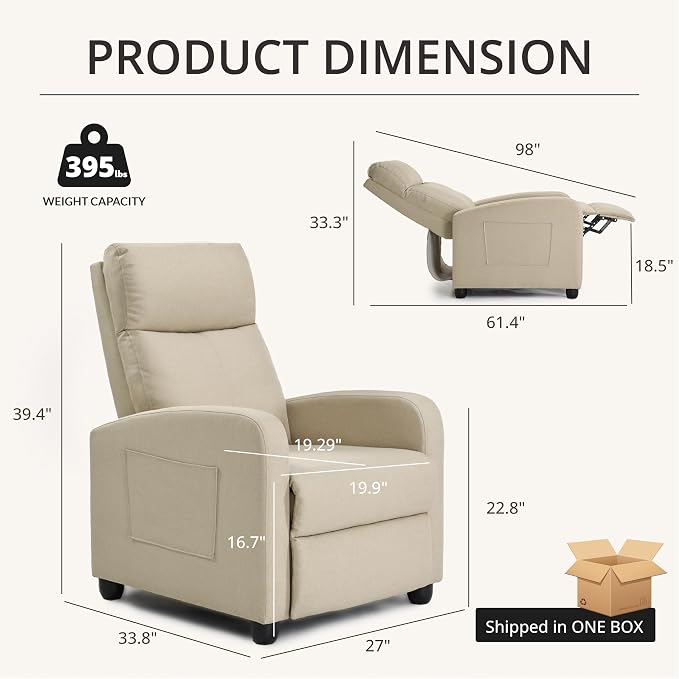 Recliner Chair for Living Room, Modern Adjustable Home Theater Seating Single Sofa Manual Push Back Armchair with Soft Linen Upholstery & High Backrest for Small Spaces, Linen-Cream