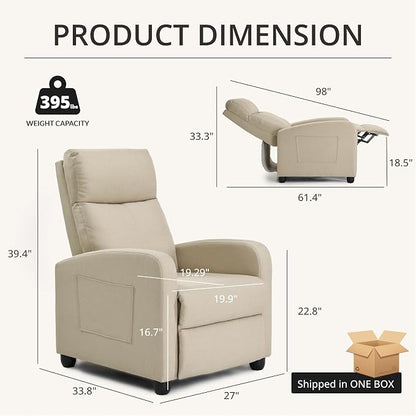 Recliner Chair for Living Room, Modern Adjustable Home Theater Seating Single Sofa Manual Push Back Armchair with Soft Linen Upholstery & High Backrest for Small Spaces, Linen-Cream