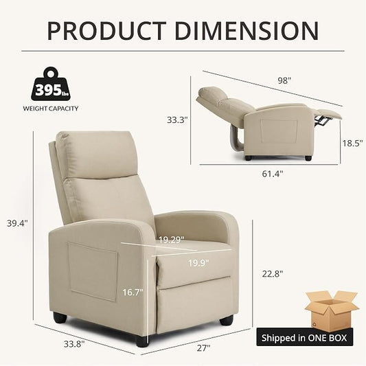Recliner Chair for Living Room, Modern Adjustable Home Theater Seating Single Sofa Manual Push Back Armchair with Soft Linen Upholstery & High Backrest for Small Spaces, Linen-Cream