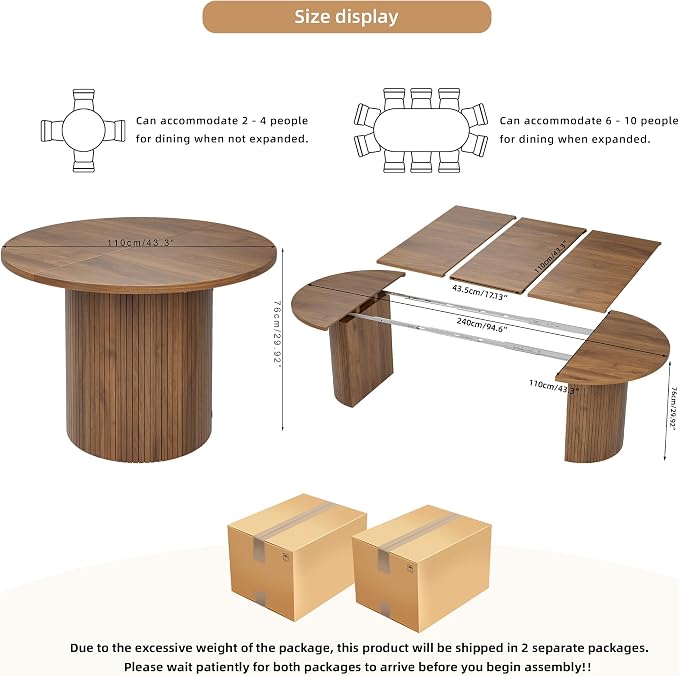 43-95 Inch Oval Extendable Dining Table for 4-10, Fluted Space Saving Long Round Kitchen Table with 3 Leaf, 2 Storage, Mid Century Modern Dining Room Dinner Table for Living Room, Walnut