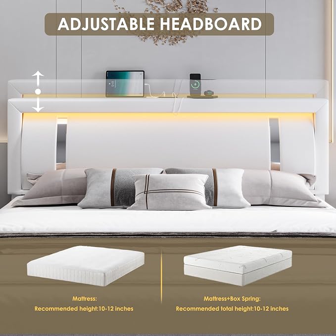 Keyluv King Size Bed Frame with RGB LED Lights & 2 Storage Drawers, Modern Upholstered Platform Bed with Iron Metal Decor, USB Charging Ports, White