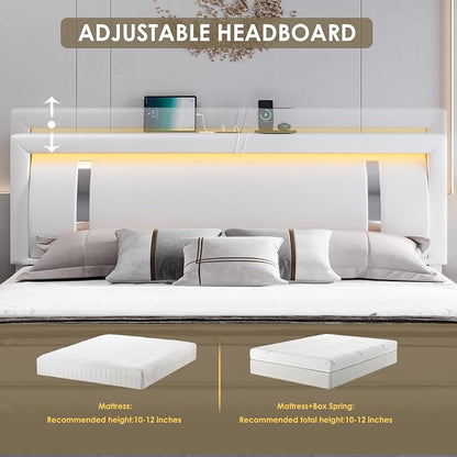 Keyluv King Size Bed Frame with RGB LED Lights & 2 Storage Drawers, Modern Upholstered Platform Bed with Iron Metal Decor, USB Charging Ports, White