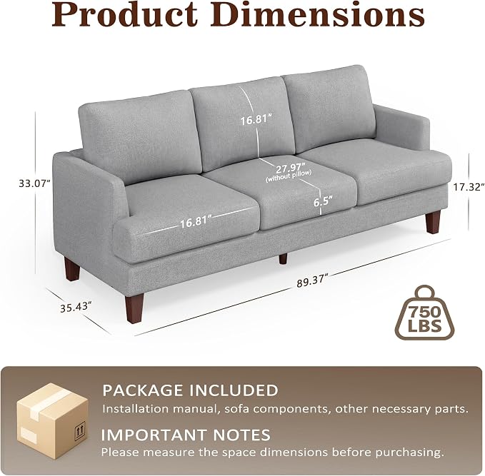 Gericco Mid Century Modern Couches for Living Room, 89" Comfy Grey Couch Sofa with 3-Seater Deep Seats, Upholstered Sofas for Living Room, Office Apartment, Bedroom, Light Grey