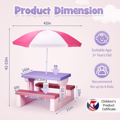 JOYMOR Kids Picnic Table with Removable Umbrella, Plastic Kids Activity Table for Outdoors, Toddler Table and Bench Set for Ages 3+, Ideal for Garden, Patio, Pink & Purple