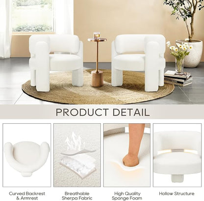 COLAMY Modern Accent Chairs Set of 2, Upholstered Barrel Chairs, Comfy Sherpa Side Arm Chairs with 3 Legs for Living Room, Bedroom, Reading, Cream