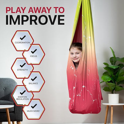 Indoor Sensory Swing for Kids or Outdoor – Holds 300lbs, Double-Layer, & 360° Swivel, Calming Compression Therapy Swing Hammock for Kids & Adults with All Hardware – Sensory-Motor Toys & Gifts
