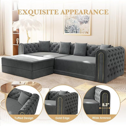90.6'' Futon Sofa Bed, Chesterfield Velvet Sleeper Sofa, Convertible Floor L-Shaped Couch, Tufted Back, 4 Pillows, Gold Edge Trim, Deep Loveseat Couches for Living Room, Apartment, Gold Grey