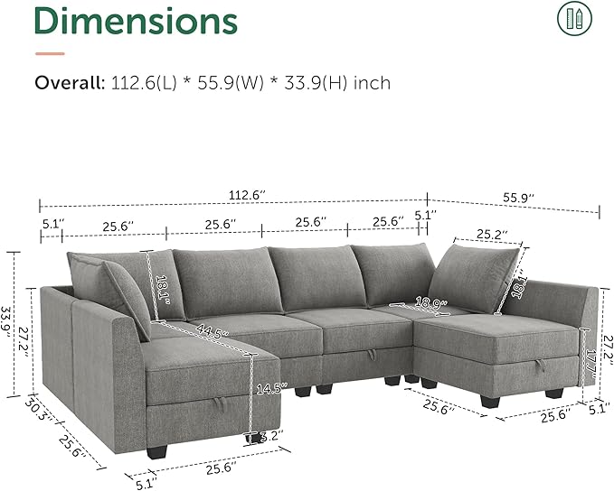 HONBAY Modular Sectional Sofa U Shaped Sectional Modular Sofa with Storage Convertible Sectional Couch for Living Room, Grey