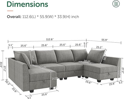 HONBAY Modular Sectional Sofa U Shaped Sectional Modular Sofa with Storage Convertible Sectional Couch for Living Room, Grey