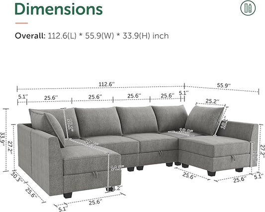 HONBAY Modular Sectional Sofa U Shaped Sectional Modular Sofa with Storage Convertible Sectional Couch for Living Room, Grey