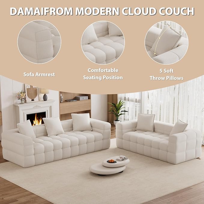Chenille Cloud Sofa Couch Set with 5 Soft Pillows,Comfy Upholstered LoveSeat Sofa Set,Modern Deep Seat Sherpa Cloud Couch, Oversized Love Seat for Living Room,Beige White