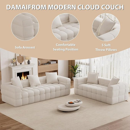 Chenille Cloud Sofa Couch Set with 5 Soft Pillows,Comfy Upholstered LoveSeat Sofa Set,Modern Deep Seat Sherpa Cloud Couch, Oversized Love Seat for Living Room,Beige White