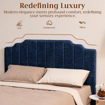 Twin Headboard Only - Blue Velvet Upholstered Headboard for Bed, No Assembly Required, Pure Sponge Design, Comfort Head Board, Place Between Bed & Wall, Vertical Stripe with Stepped Crown Top Edge