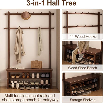 AQIMUELE Hall Tree, Coat Rack with Shoe Storage, Wooden Hall Tree with Bench, 11 Hooks and 2-Tier Storage Shelves, Entryway Bench with Coat Rack (39.3" - Deep Walnut)
