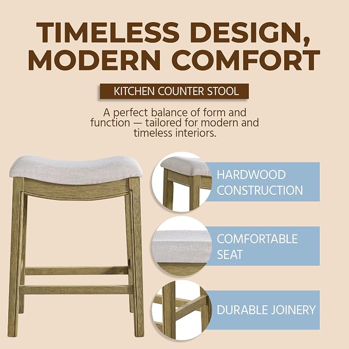 ROME + OAK Set of 2 Parker 26 Inch Counter Stool, Backless Saddle Kitchen Barstool in Natural Finish with Cream Fabric Upholstery Cushion Seat