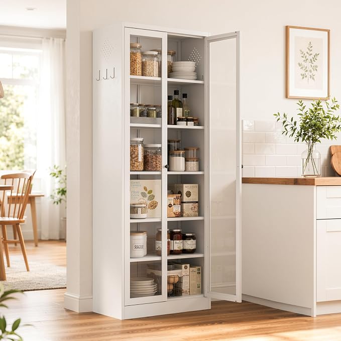 Metal Pantry Cabinet, 72" Kitchen Pantry Cabinet with 2 Doors and 5 Adjustable Shelves, White Steel Storage Cupboard for Dining, Office, Living Room, Bathroom