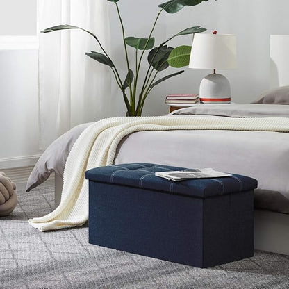 YOUDENOVA 30 Inch Storage Ottoman, Folding Ottoman with Storage, Linen Storage Ottoman Bench Supports Up to 350 lbs, Footrest Seat for Living Room, Bedroom, Blue