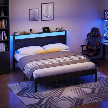 Liians Black King Size Bed Frame with LED Lights and Charging Station, King Size Platform Bed with Metal Slats and Wood Headboard, No Box Spring Needed