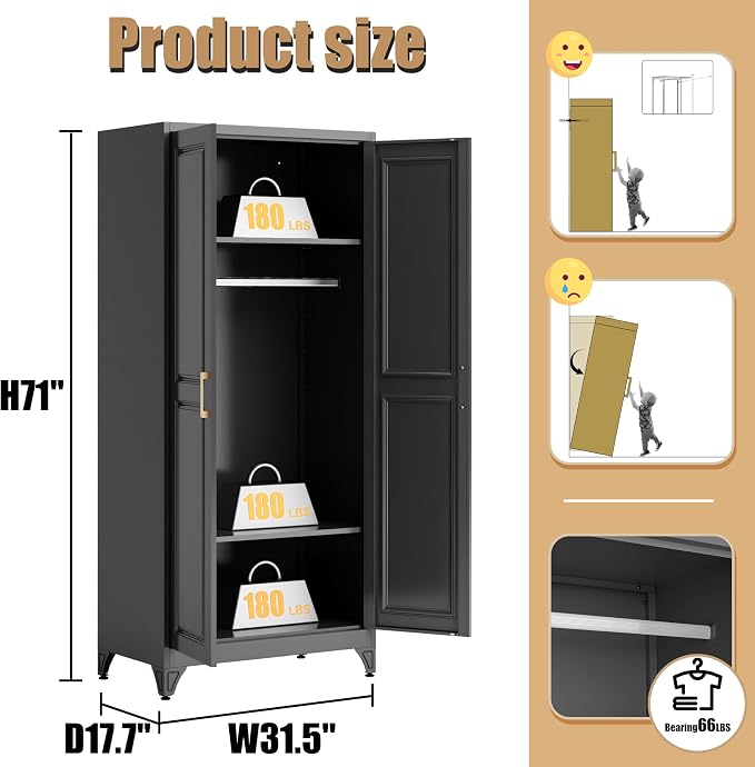 Armoire Wardrobe Closet with Hanging Rod, 71" Tall Metal Clothes Storage Cabinet with Doors and Adjustable Shelves, Black Wardrobe Cabinet, Steel Closet for Bedroom, Bathroom, Office, School