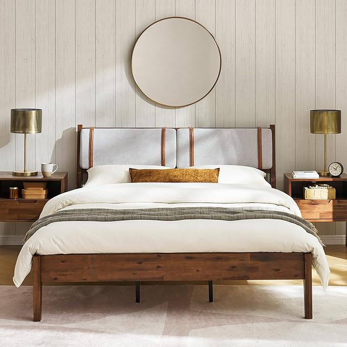 mopio Ted Bed Frame with Headboard, Mid Century Modern Acacia Solid Wood Platform Bed Frame, Wooden Slats, No Box Spring, Double Metal Bar Support (Solid Wood Upholstered, Queen (U.S. Standard))