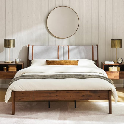 mopio Ted Bed Frame with Headboard, Mid Century Modern Acacia Solid Wood Platform Bed Frame, Wooden Slats, No Box Spring, Double Metal Bar Support (Solid Wood Upholstered, Queen (U.S. Standard))
