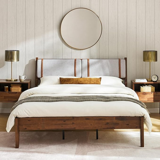 mopio Ted Bed Frame with Headboard, Mid Century Modern Acacia Solid Wood Platform Bed Frame, Wooden Slats, No Box Spring, Double Metal Bar Support (Solid Wood Upholstered, Queen (U.S. Standard))