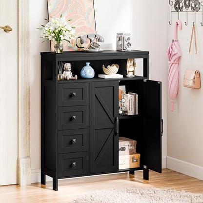 Vabches Farmhouse Storage Cabinet with 2 Doors and 4 Drawers, Freestanding Bathroom Compartment Kitchen Pantry Cabinet, Floor Cupboard for Kitchen/Living Room/Bathroom,Pure Black