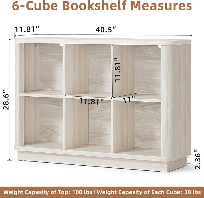 Joaxswe 6 Cube Bookcase, 40" Wide Horizontal 2-Tier Book Shelf w/Curved Edge, Wood Low Floor Standing Bookshelf with Base, Modern Short Storage Organizer for Living Room,Office, Gray-White Cream Oak