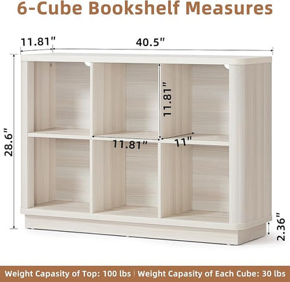 Joaxswe 6 Cube Bookcase, 40" Wide Horizontal 2-Tier Book Shelf w/Curved Edge, Wood Low Floor Standing Bookshelf with Base, Modern Short Storage Organizer for Living Room,Office, Gray-White Cream Oak