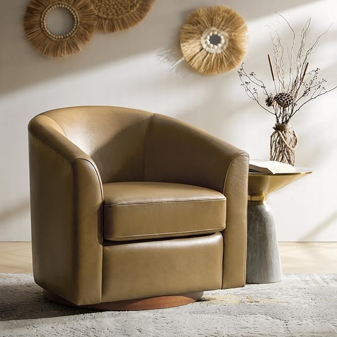 HULALA HOME Genuine Leather Swivel Barrel Chair, Round Swivel Accent Chair with Solid Wood Base, No Assembly Required, Taupe