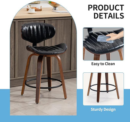 Bar Stools Set of 3, 24 inch PU Leather Wooden Bentwood Barstools Swivel Counter Height Modern Breakfast Bar Chairs with Backrest and Footrest for Kitchen Island, Dining Room D035-Black-3