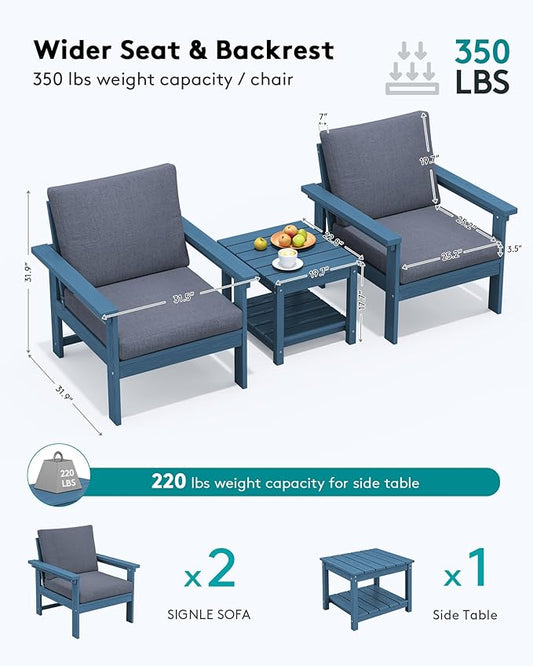 SERWALL HDPE Patio Sofa Set, 3-piece Sectional Outdoor Furniture Set, All Weather Outdoor Couch Set Patio Furniture Set for Deck, Lawn, Blue Frame with Grey Cushion
