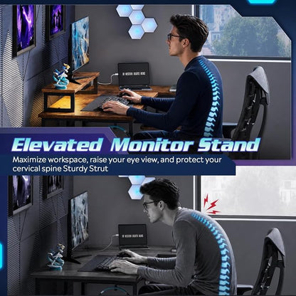 DEVAISE Spacious 55" L Shaped Gaming Desk with LED Lights and Power Outlets - Reversible Corner Computer Table with Monitor Stand and Storage Shelves for Work and Gaming, Rustic Brown