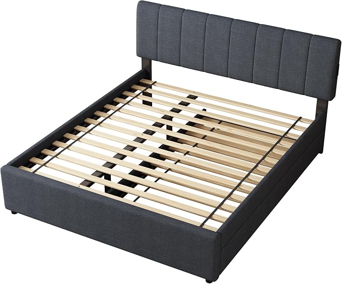 Queen Size Upholstered Platform Bed with Pull-Out Trundle Bed | Twin Size Trundle, LED Lighting Controlled by APP, USB+Type-C Charging Ports, Linen Upholstered Bed Frame,Dark Grey