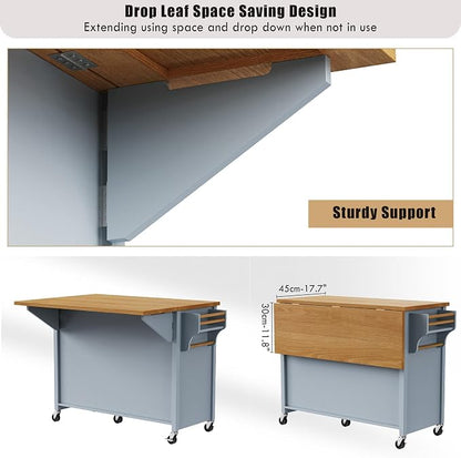 Large Kitchen Island with Rubber Wood Drop Leaf, Rolling Kitchen Cart with Ample Storage on Wheels with Doors and Drawers, Embossed Texture for Dining Room (52Inch, Grey, Golden Handle)