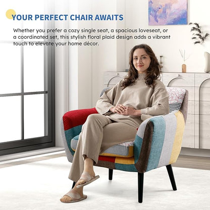 Bonzy Home Modern Accent Chair Set of 2 for Living Room, Colorful Boho Linen Fabric Upholstered Armchair with Wood Legs, 2 Single Chairs